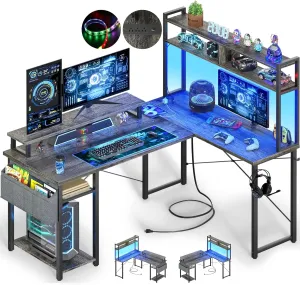 Small L Shaped Gaming Desk with Power Outlets, 48" Reversible L Shaped LED Computer Desk with Monitor Stand & Storage Shelf, Corner Gamer Desk Home Office Desk with Storage Bag, Black Oak