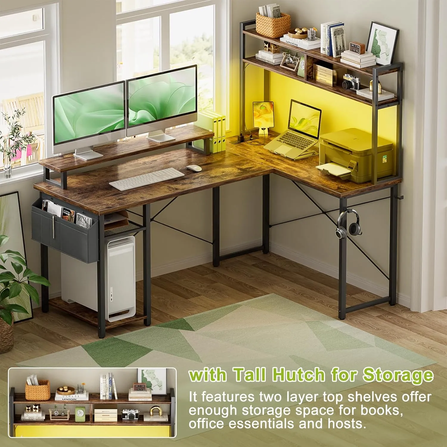 Small L Shaped Gaming Desk with Power Outlets, 48" Reversible L Shaped LED Computer Desk with Monitor Stand & Storage Shelf, Corner Gamer Desk Home Office Desk with Storage Bag, Rustic Brown