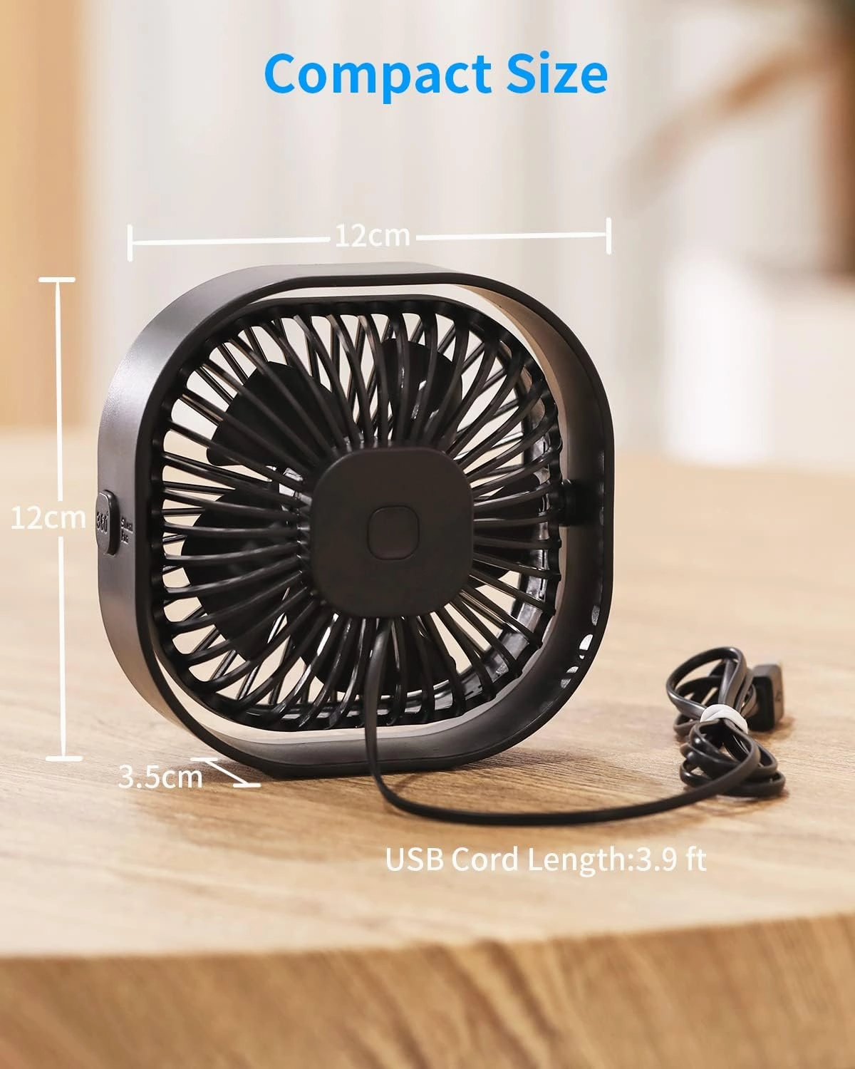 Small USB Desk Fan, 4 Inch Quiet Mini Table Fan, 3 Speeds Portable Desktop Fan, 360°Rotatable Little Personal Fan, Small Cooling Fan with USB Cable,Mini Fan for Home Office Bedroom Summer Gift (Black)