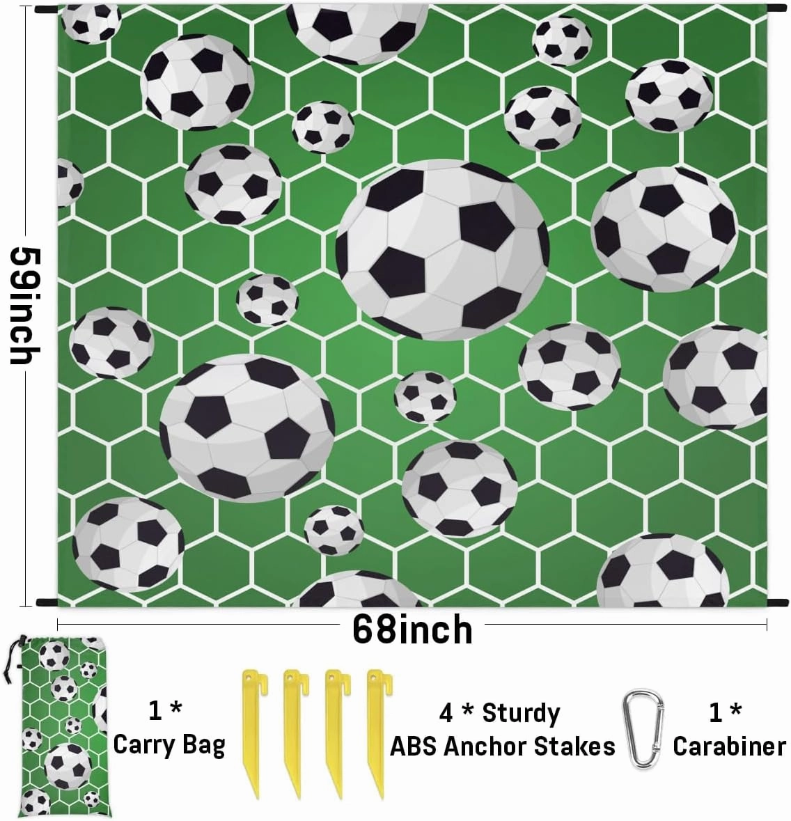Soccer Beach Blanket, Sandproof Beach Mat, 68 x 59 Waterproof Quick Drying Sand Free Mat with 4 x Ground Spikes for Outdoor Travel Camping Hiking, Soccer Sports Ball