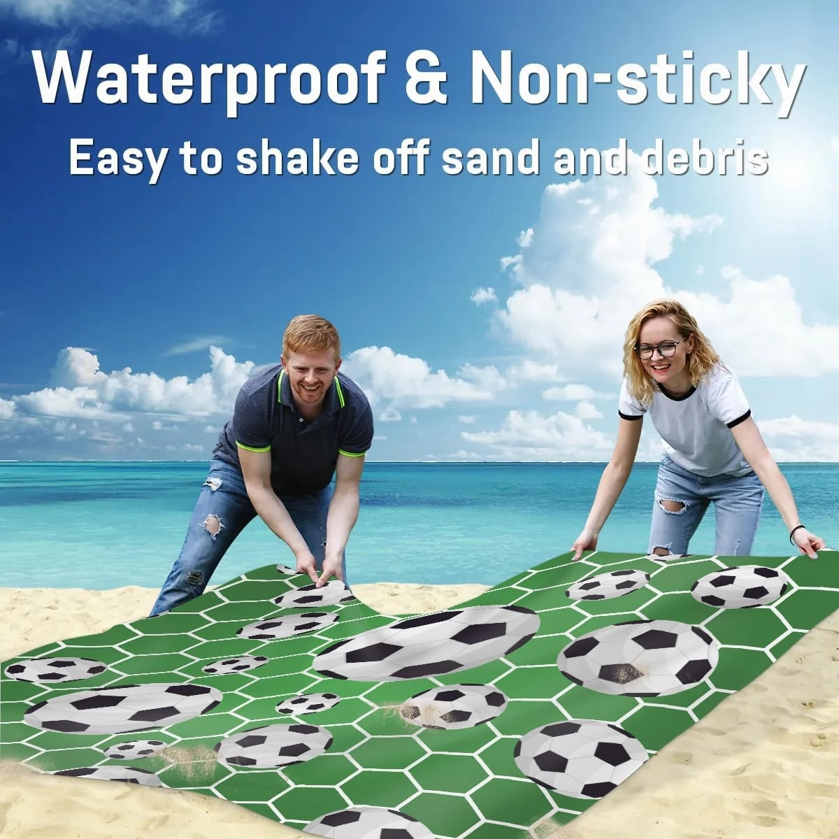 Soccer Beach Blanket, Sandproof Beach Mat, 68 x 59 Waterproof Quick Drying Sand Free Mat with 4 x Ground Spikes for Outdoor Travel Camping Hiking, Soccer Sports Ball