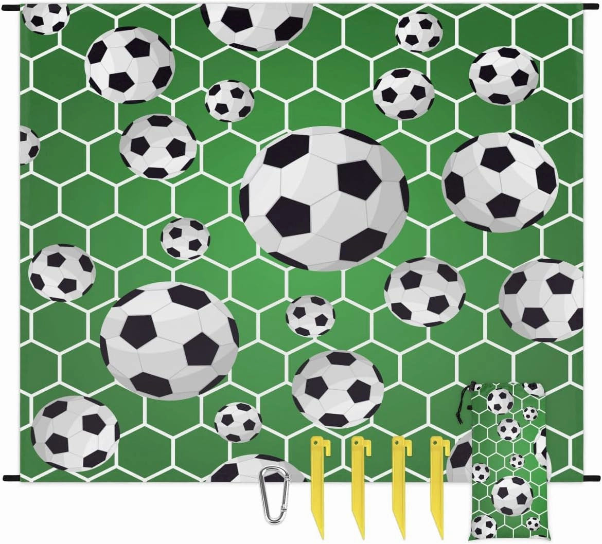 Soccer Beach Blanket, Sandproof Beach Mat, 68 x 59 Waterproof Quick Drying Sand Free Mat with 4 x Ground Spikes for Outdoor Travel Camping Hiking, Soccer Sports Ball