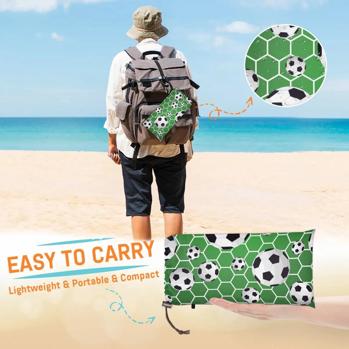 Soccer Beach Blanket, Sandproof Beach Mat, 68 x 59 Waterproof Quick Drying Sand Free Mat with 4 x Ground Spikes for Outdoor Travel Camping Hiking, Soccer Sports Ball