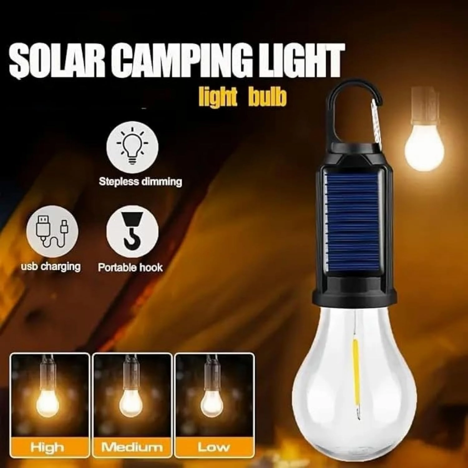 Solar Rechargeable Hooked Camping Light, Vintage Outdoor Tent Ambient Light, Outdoor Waterproof, 2025 New Solar Tent USB Rechargeable Led Camping Lantern, with Clip Hook, Vintage (D)