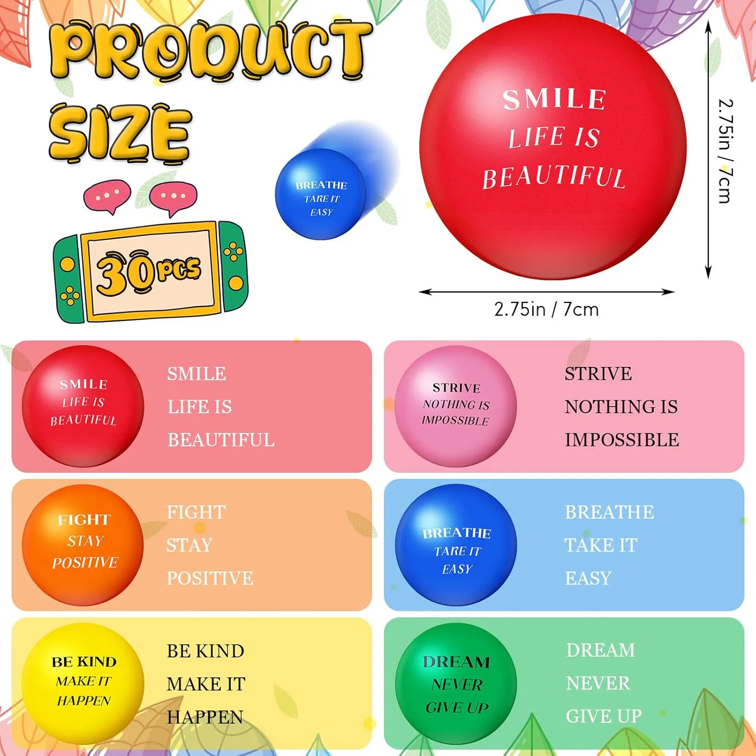 Sotiff 30 Pcs Motivational Stress Ball Bulk 2.75 Inch Employee Appreciation Gift Inspirational Stress Ball Large Relief Anxiety Toys with Quotes Hand Exercise Toy for Kid Adult Coworker(Stylish)