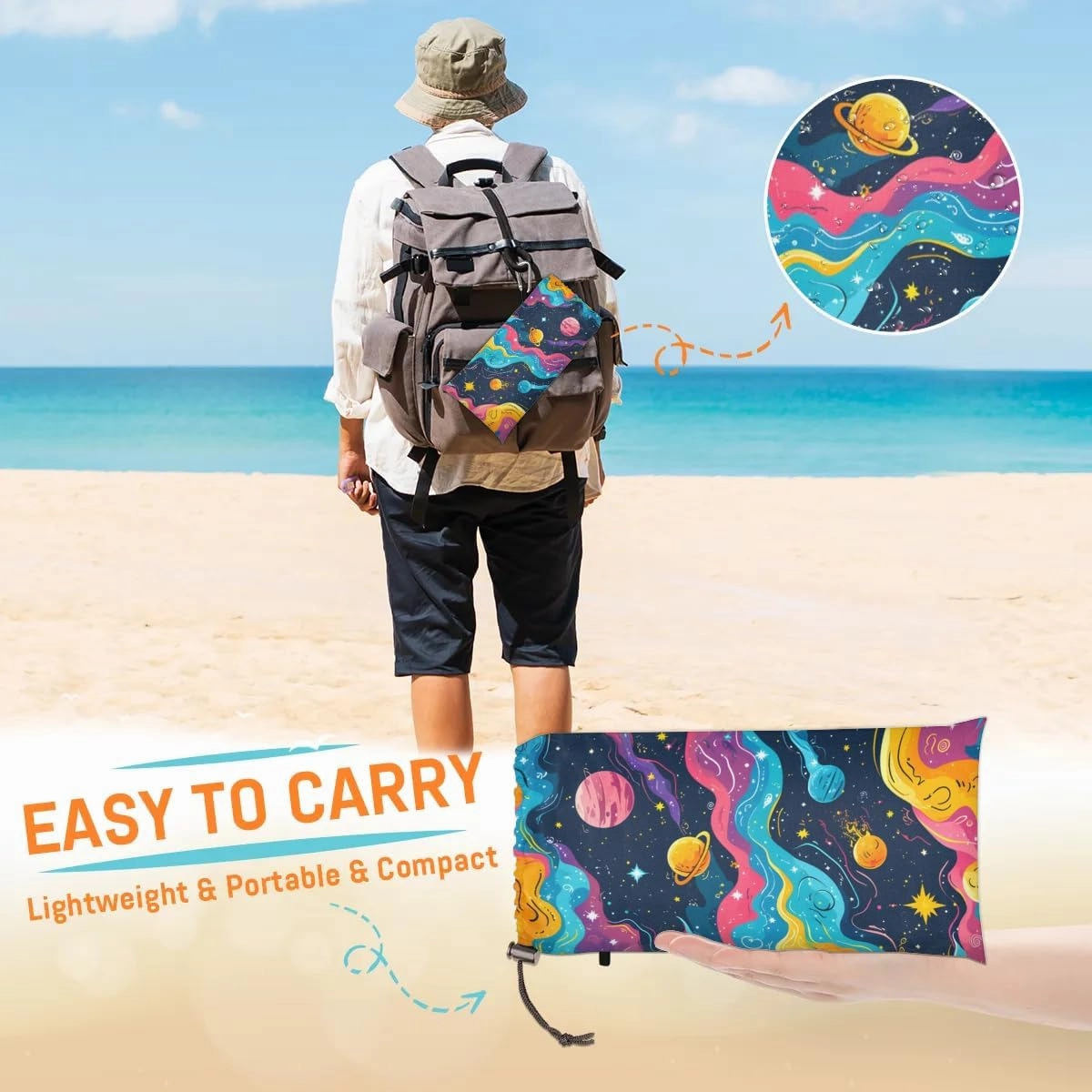 Space Theme Beach Blanket, Sandproof Beach Mat, 68 x 59 Waterproof Quick Drying Sand Free Mat with 4 x Ground Spikes for Outdoor Travel Camping Hiking, Solar System Planet