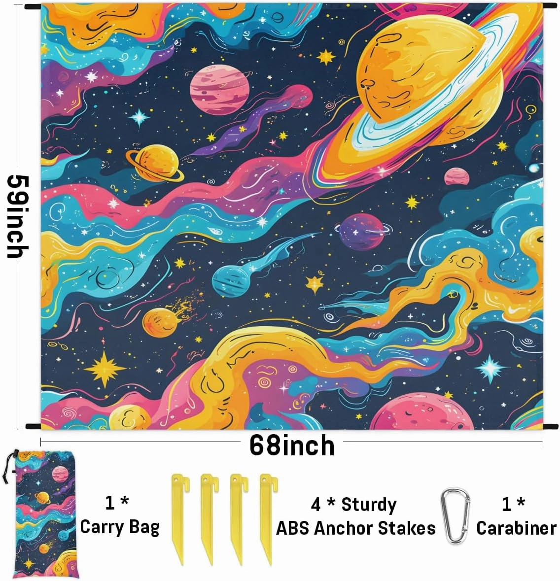 Space Theme Beach Blanket, Sandproof Beach Mat, 68 x 59 Waterproof Quick Drying Sand Free Mat with 4 x Ground Spikes for Outdoor Travel Camping Hiking, Solar System Planet