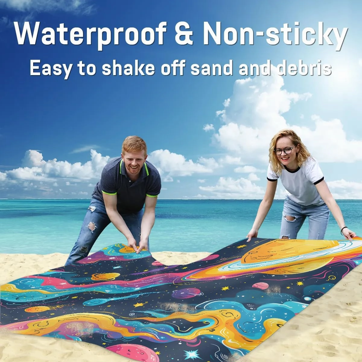 Space Theme Beach Blanket, Sandproof Beach Mat, 68 x 59 Waterproof Quick Drying Sand Free Mat with 4 x Ground Spikes for Outdoor Travel Camping Hiking, Solar System Planet