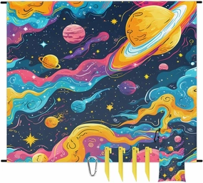 Space Theme Beach Blanket, Sandproof Beach Mat, 68 x 59 Waterproof Quick Drying Sand Free Mat with 4 x Ground Spikes for Outdoor Travel Camping Hiking, Solar System Planet