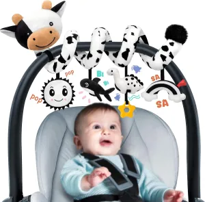Spiral Car Seat Baby Toys 0-6 6-12 Months, Infant Carseat Sensory Toys Hanging Stroller Accessories, Newborn Gifts for Baby Boys Girls Essentials, Cute High Contrast Cow