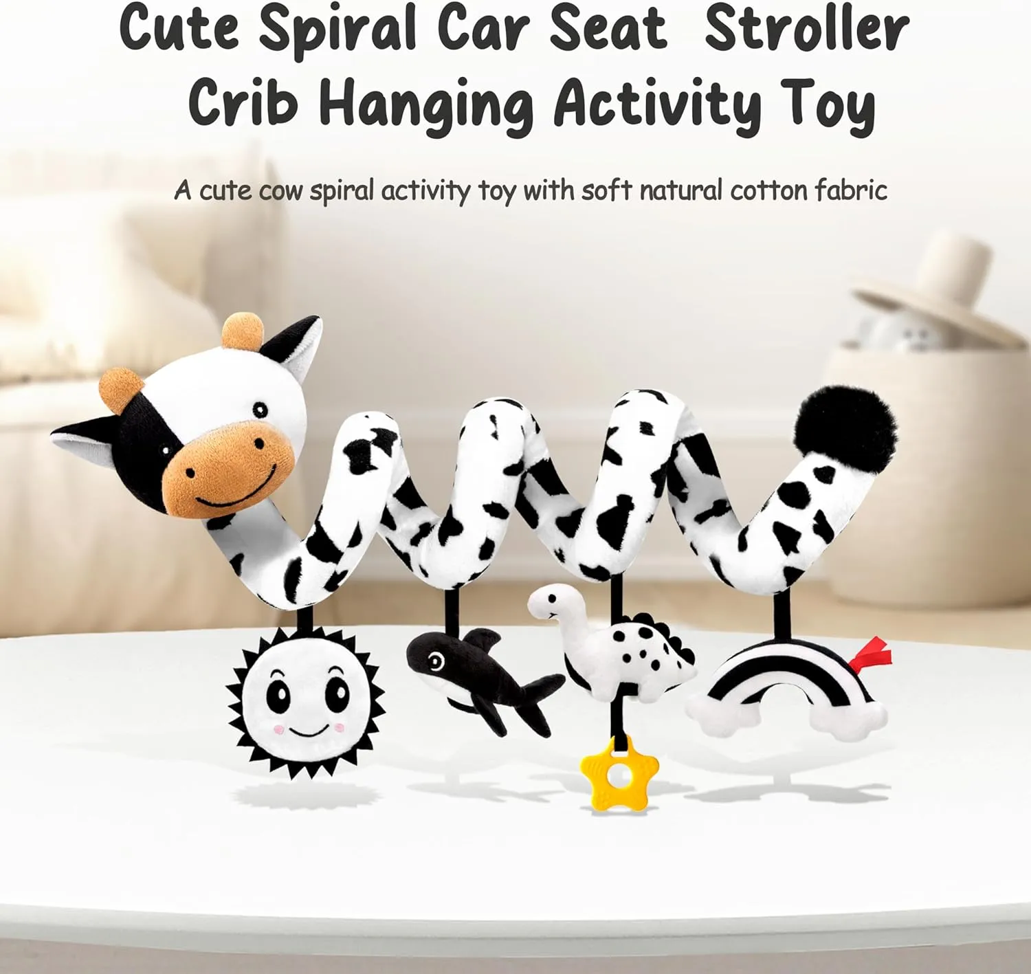 Spiral Car Seat Baby Toys 0-6 6-12 Months, Infant Carseat Sensory Toys Hanging Stroller Accessories, Newborn Gifts for Baby Boys Girls Essentials, Cute High Contrast Cow