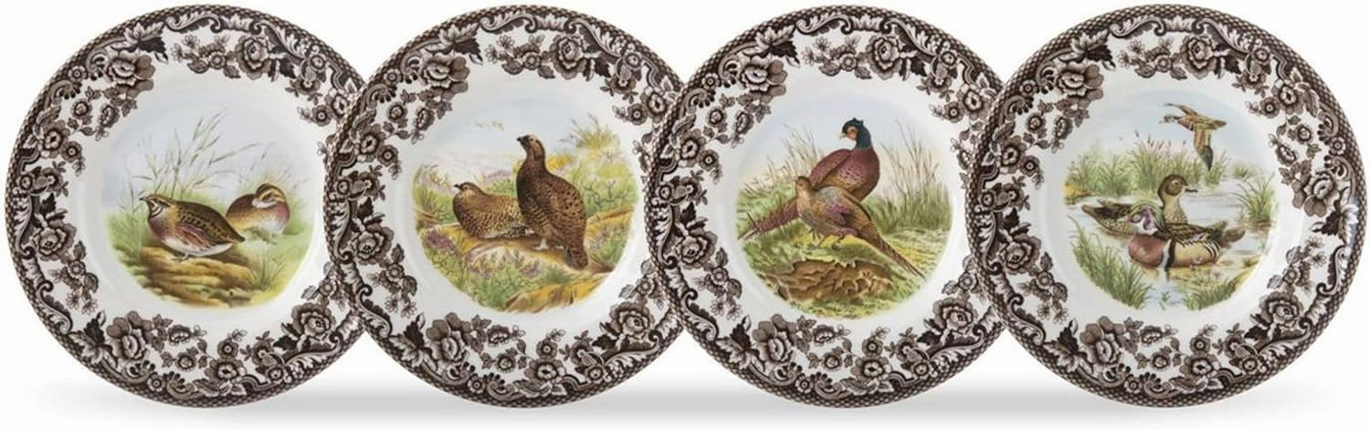 Spode Woodland Canape Plates 6.5” | Set of 4 Mini Appetizer Plates with Assorted Bird Motifs | Microwave and Dishwasher Safe | Porcelain Dessert Plates