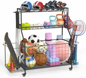 Sport Equipment Organizer, Garage Ball Storage Racks - Outdoor Toy Storage with Side Racks & Removable Baskets, Heavy-Duty Garage Organizer with Wheels, Rolling Ball Cart for Sports Gear
