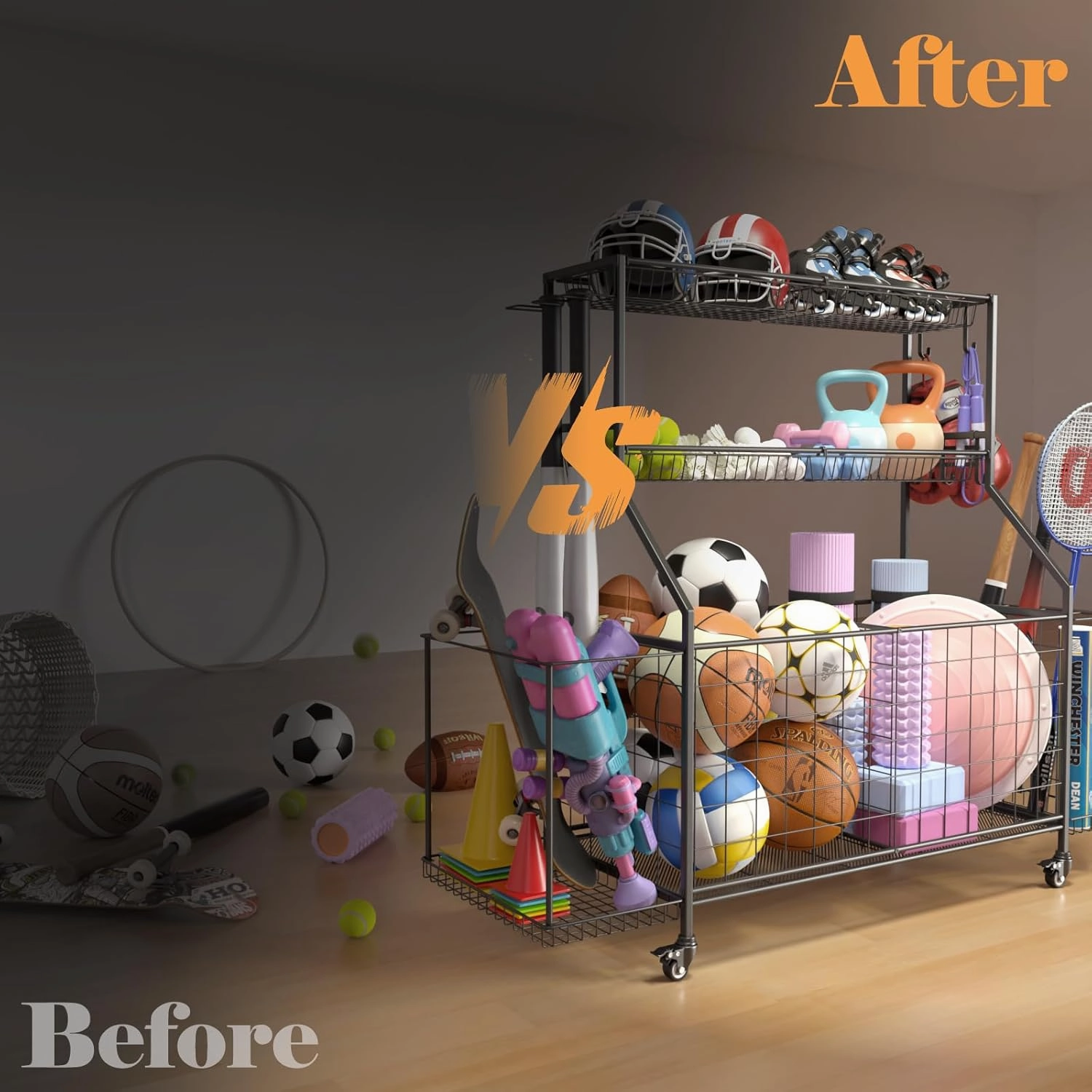 Sport Equipment Organizer, Garage Ball Storage Racks - Outdoor Toy Storage with Side Racks & Removable Baskets, Heavy-Duty Garage Organizer with Wheels, Rolling Ball Cart for Sports Gear