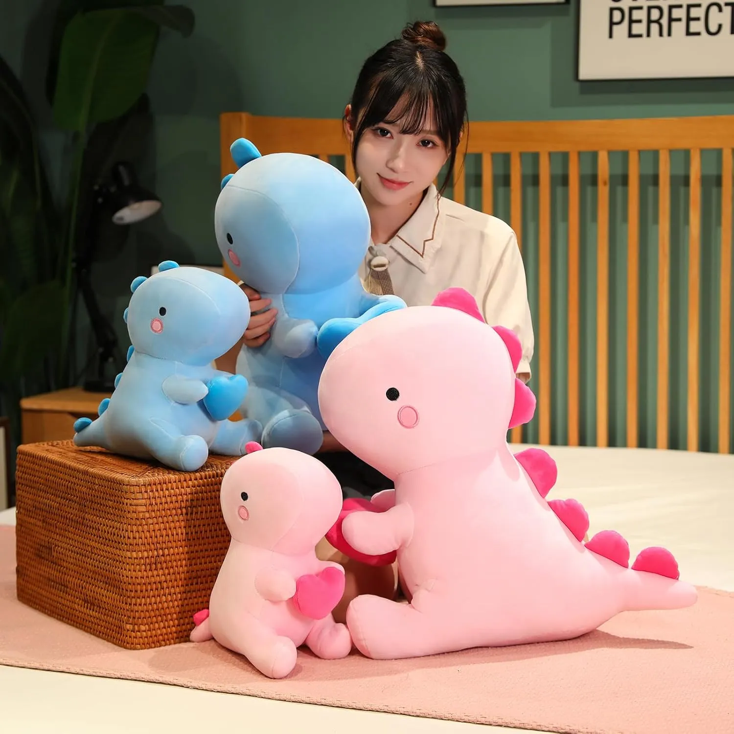 SQEQE Dinosaur Stuffed Animal, Loving Soft Dino Plush Toys with Holding Heart for Valentine Day, Sweet Romantic Anniversary Birthday Gift for Her Girls Boys Girlfriend(Blue,20 inch)