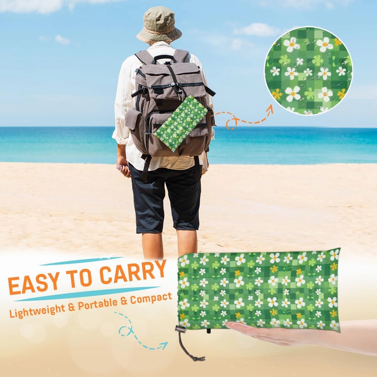 St. Patrick's Day Beach Blanket, Sandproof Beach Mat, Adults Waterproof Quick Drying Sand Free Mat with 4 x Ground Spikes for Outdoor Travel Camping Hiking, Clover Leaf Buffalo Check