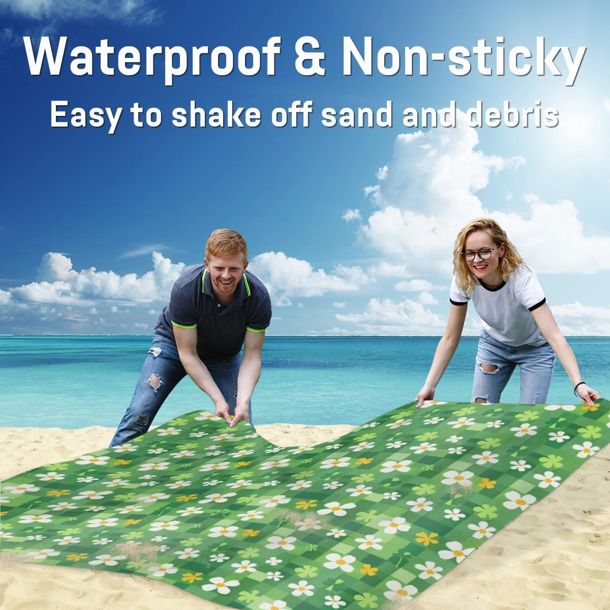 St. Patrick's Day Beach Blanket, Sandproof Beach Mat, Adults Waterproof Quick Drying Sand Free Mat with 4 x Ground Spikes for Outdoor Travel Camping Hiking, Clover Leaf Buffalo Check
