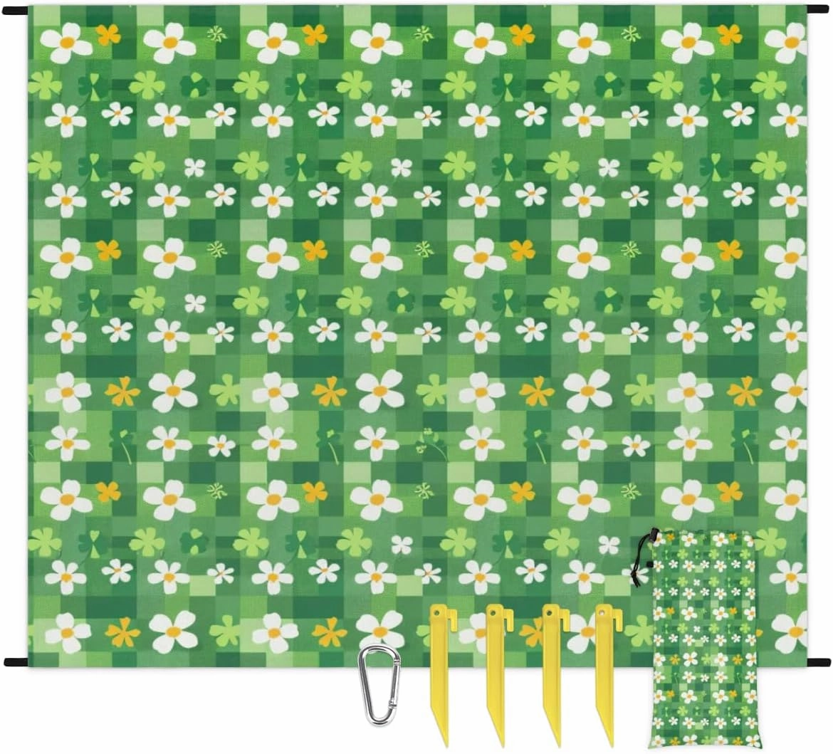 St. Patrick's Day Beach Blanket, Sandproof Beach Mat, Adults Waterproof Quick Drying Sand Free Mat with 4 x Ground Spikes for Outdoor Travel Camping Hiking, Clover Leaf Buffalo Check