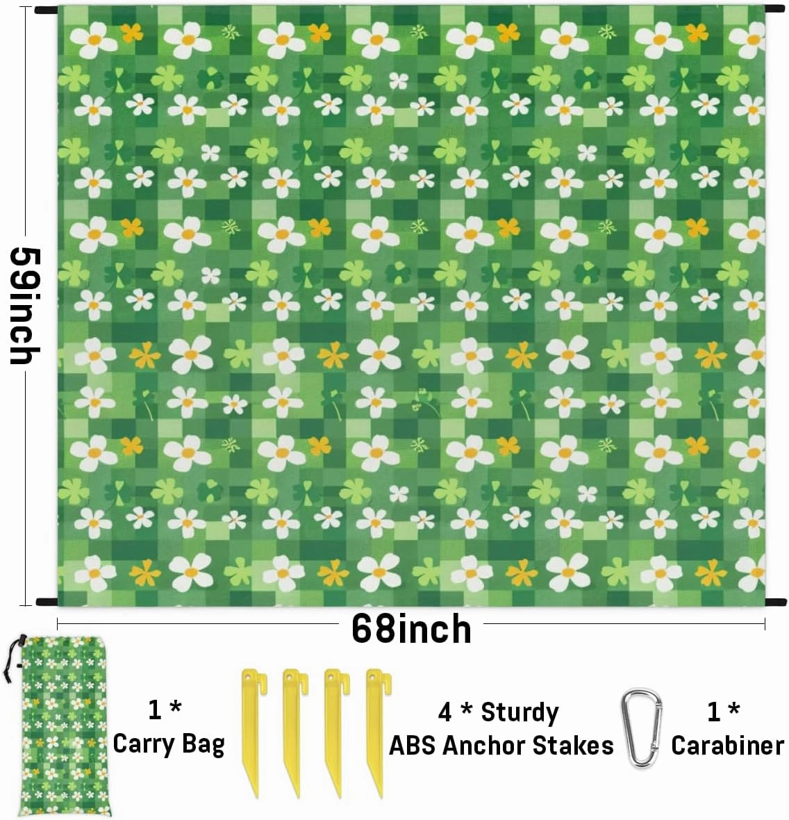 St. Patrick's Day Beach Blanket, Sandproof Beach Mat, Adults Waterproof Quick Drying Sand Free Mat with 4 x Ground Spikes for Outdoor Travel Camping Hiking, Clover Leaf Buffalo Check