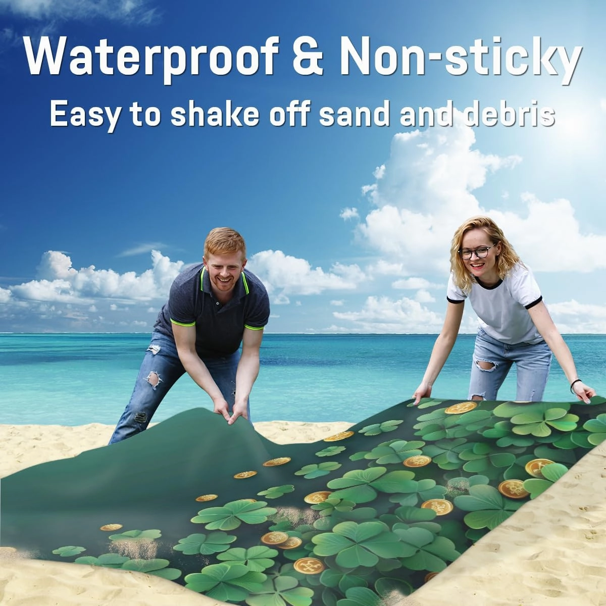 St.Patrick's Day Beach Blanket, Sandproof Beach Mat, Adults Waterproof Quick Drying Sand Free Mat with 4 x Ground Spikes for Outdoor Travel Camping Hiking, Shamrocks Leaves