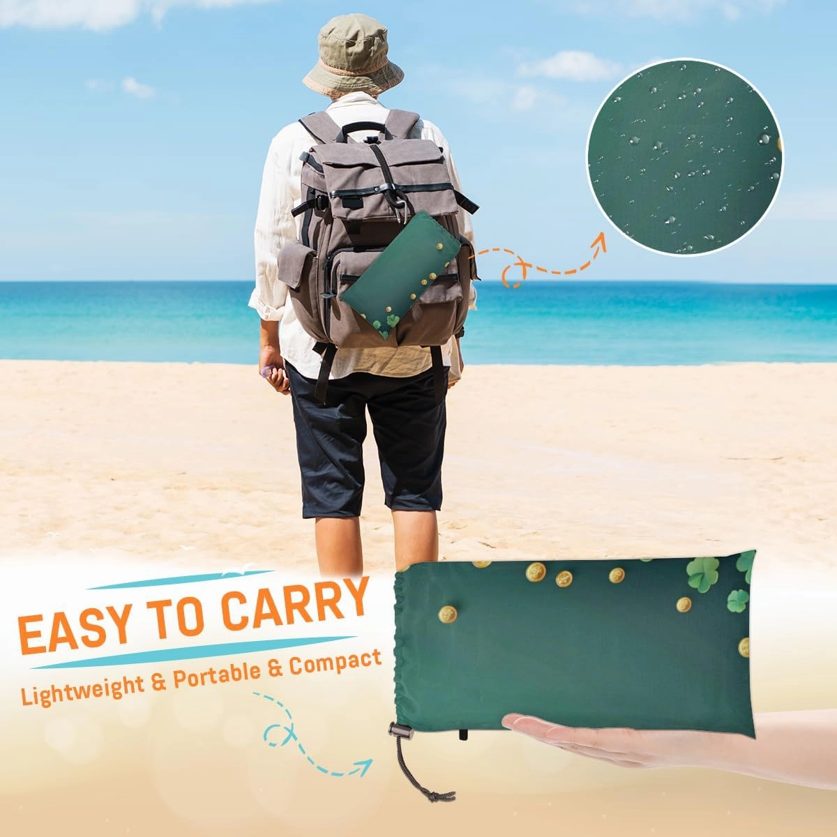 St.Patrick's Day Beach Blanket, Sandproof Beach Mat, Adults Waterproof Quick Drying Sand Free Mat with 4 x Ground Spikes for Outdoor Travel Camping Hiking, Shamrocks Leaves