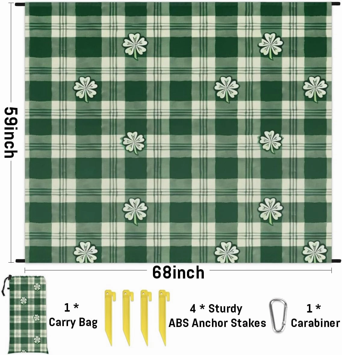 St Patricks Day Beach Blanket, Sandproof Beach Mat, Adults Waterproof Quick Drying Sand Free Mat with 4 x Ground Spikes for Outdoor Travel Camping Hiking, Buffalo Plaid Shamrocks