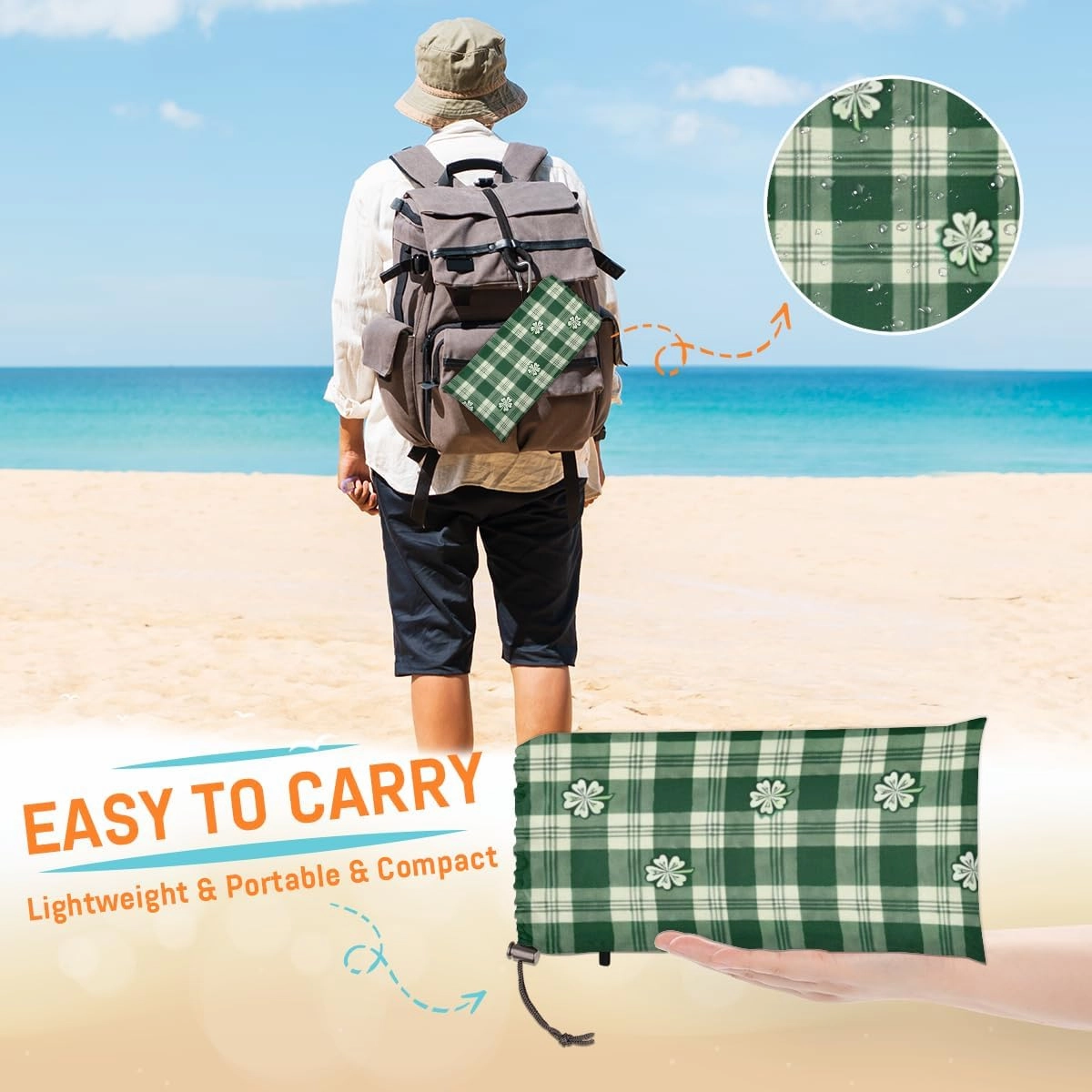St Patricks Day Beach Blanket, Sandproof Beach Mat, Adults Waterproof Quick Drying Sand Free Mat with 4 x Ground Spikes for Outdoor Travel Camping Hiking, Buffalo Plaid Shamrocks