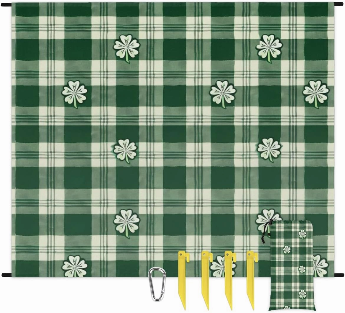 St Patricks Day Beach Blanket, Sandproof Beach Mat, Adults Waterproof Quick Drying Sand Free Mat with 4 x Ground Spikes for Outdoor Travel Camping Hiking, Buffalo Plaid Shamrocks
