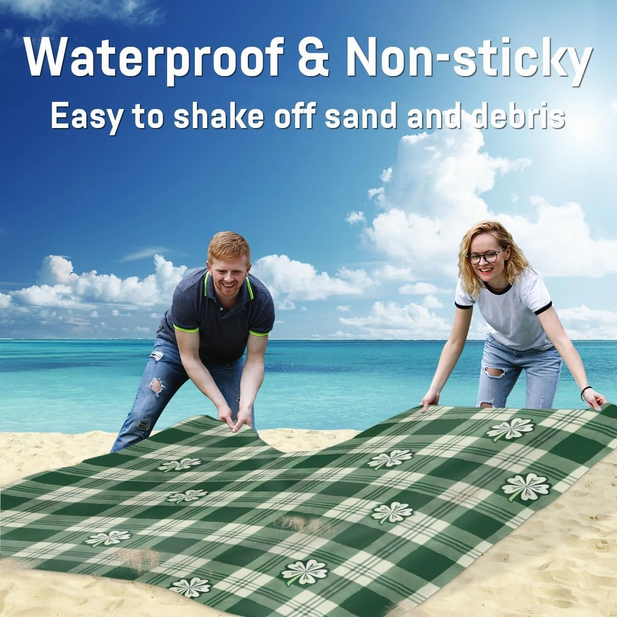 St Patricks Day Beach Blanket, Sandproof Beach Mat, Adults Waterproof Quick Drying Sand Free Mat with 4 x Ground Spikes for Outdoor Travel Camping Hiking, Buffalo Plaid Shamrocks