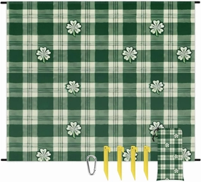 St Patricks Day Beach Blanket, Sandproof Beach Mat, Adults Waterproof Quick Drying Sand Free Mat with 4 x Ground Spikes for Outdoor Travel Camping Hiking, Buffalo Plaid Shamrocks