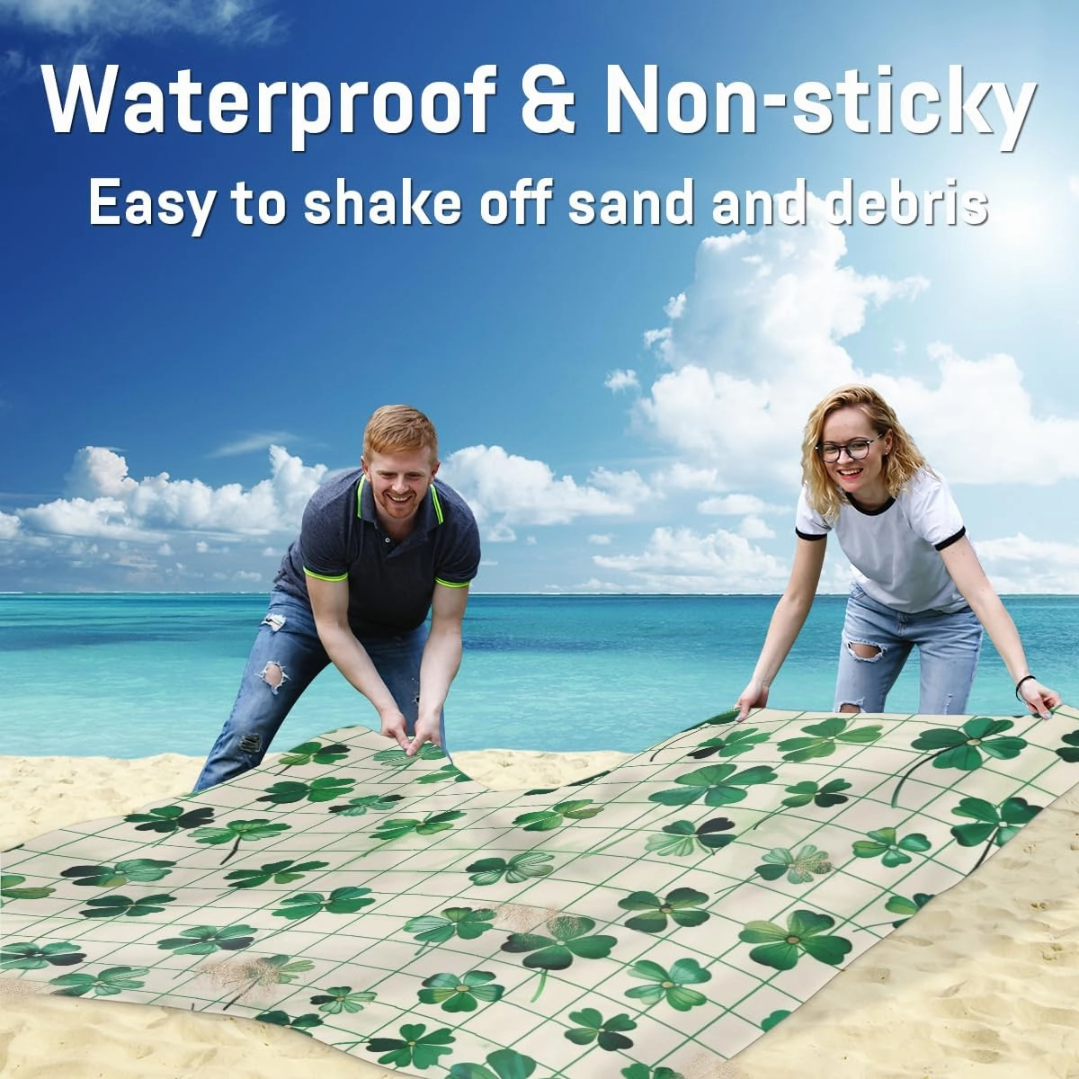 St Patricks Day Beach Blanket, Sandproof Beach Mat, Adults Waterproof Quick Drying Sand Free Mat with 4 x Ground Spikes for Outdoor Travel Camping Hiking, Clover Buffalo Plaid