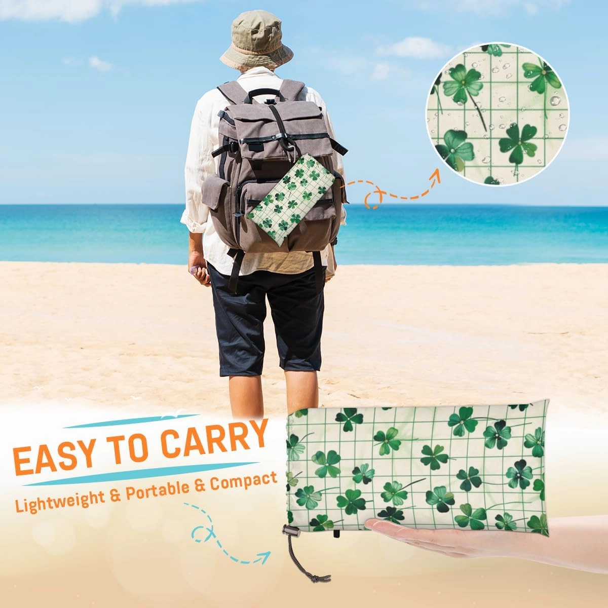 St Patricks Day Beach Blanket, Sandproof Beach Mat, Adults Waterproof Quick Drying Sand Free Mat with 4 x Ground Spikes for Outdoor Travel Camping Hiking, Clover Buffalo Plaid