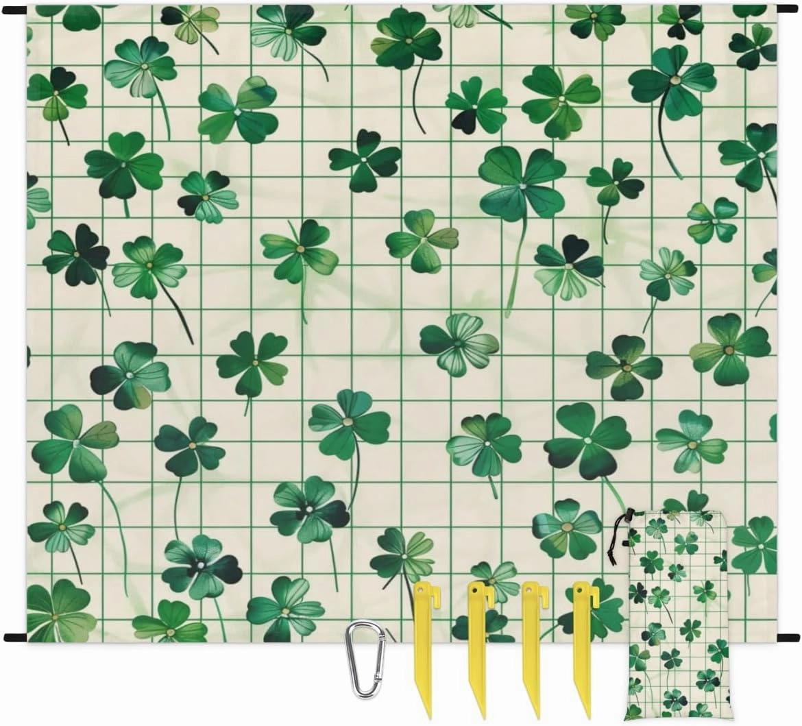 St Patricks Day Beach Blanket, Sandproof Beach Mat, Adults Waterproof Quick Drying Sand Free Mat with 4 x Ground Spikes for Outdoor Travel Camping Hiking, Clover Buffalo Plaid
