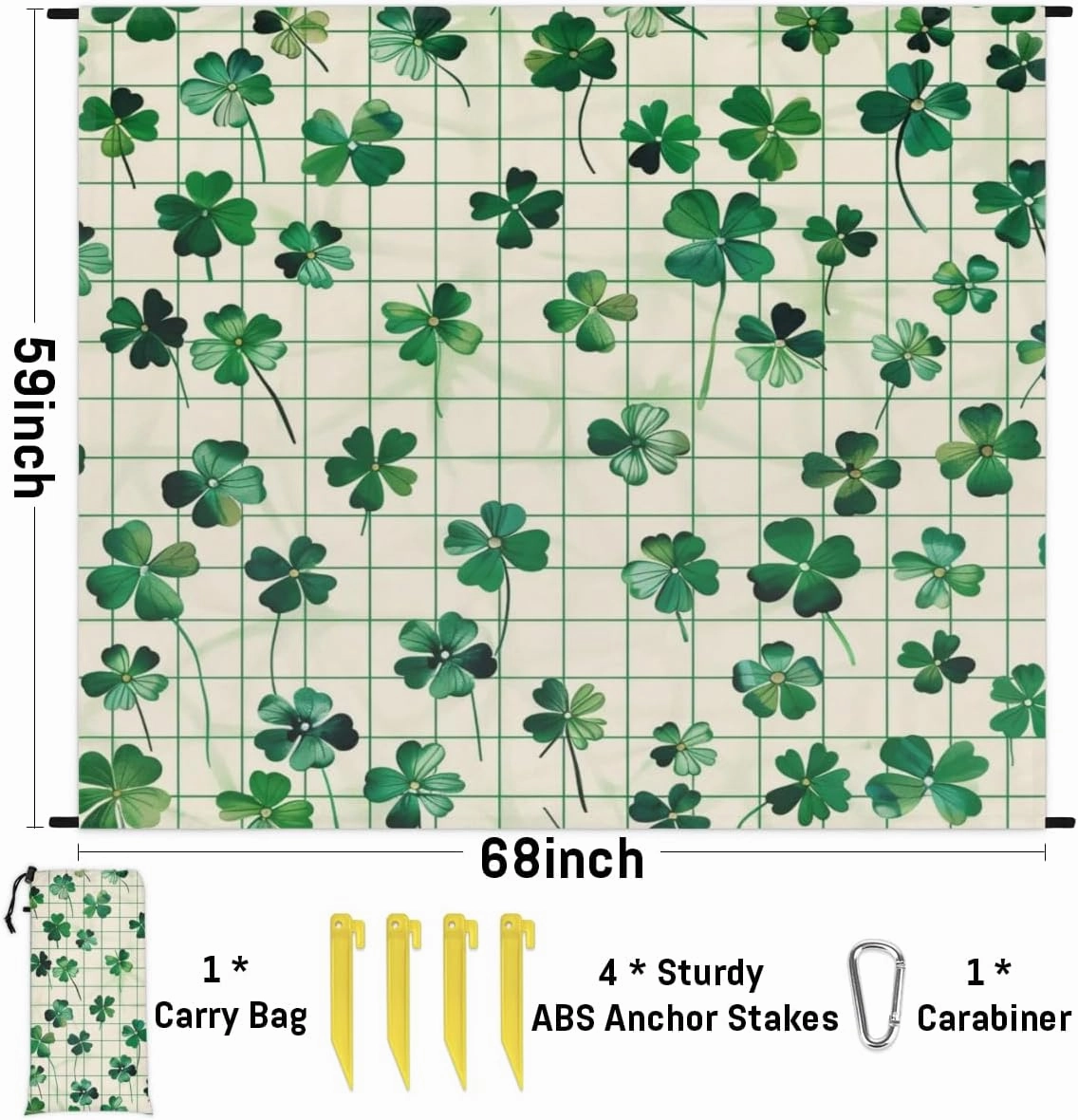St Patricks Day Beach Blanket, Sandproof Beach Mat, Adults Waterproof Quick Drying Sand Free Mat with 4 x Ground Spikes for Outdoor Travel Camping Hiking, Clover Buffalo Plaid
