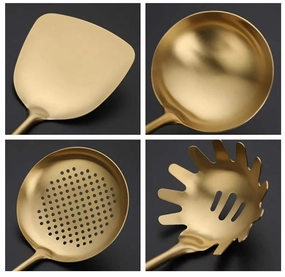 Stainless Steel Kitchen Utensil Set, Spoon, Spatula, Pasta Server, Small Spatula (Black & Gold)