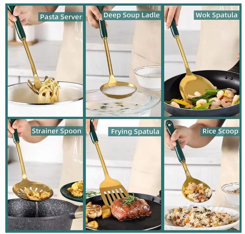 Stainless Steel Kitchen Utensil Set, Spoon, Spatula, Pasta Server, Small Spatula (Black & Gold)