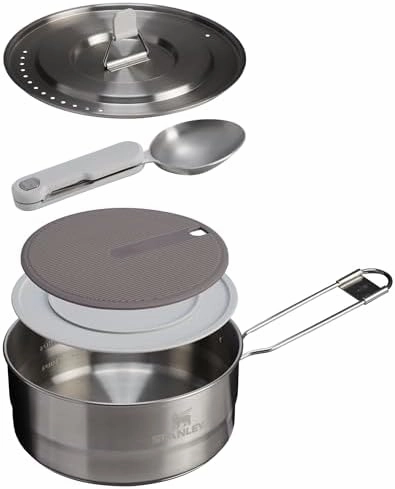 Stanley Wildfare Pro 5-Piece Stainless Steel Saucepan Cook Set | 2 qt Saucepan with Fold & Lock Handle | Cutting Board and Spoon | Camping Essentials for Your Camp Kitchen | BPA-Free