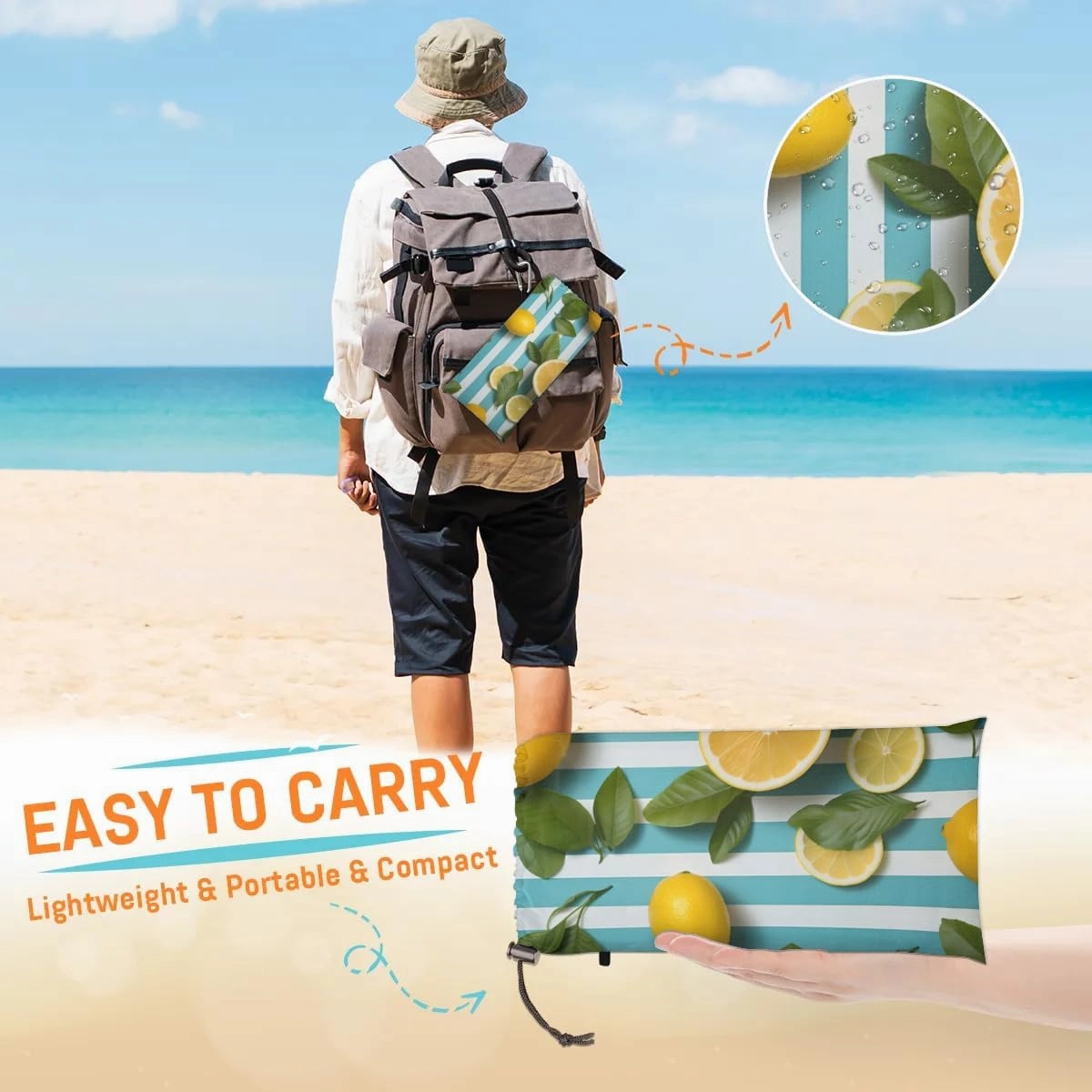 Stripes Lemon Summer Beach Blanket, Sandproof Beach Mat, 68 x 59 Waterproof Quick Drying Sand Free Mat with 4 x Ground Spikes for Outdoor Travel Camping Hiking, Fruit Lemon