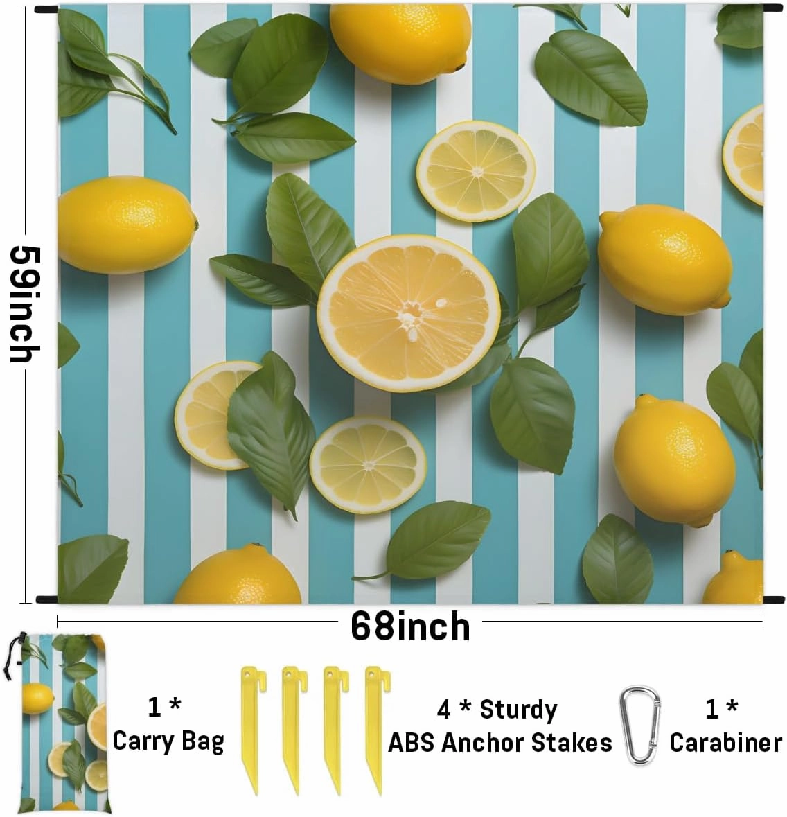 Stripes Lemon Summer Beach Blanket, Sandproof Beach Mat, 68 x 59 Waterproof Quick Drying Sand Free Mat with 4 x Ground Spikes for Outdoor Travel Camping Hiking, Fruit Lemon