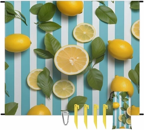 Stripes Lemon Summer Beach Blanket, Sandproof Beach Mat, 68 x 59 Waterproof Quick Drying Sand Free Mat with 4 x Ground Spikes for Outdoor Travel Camping Hiking, Fruit Lemon