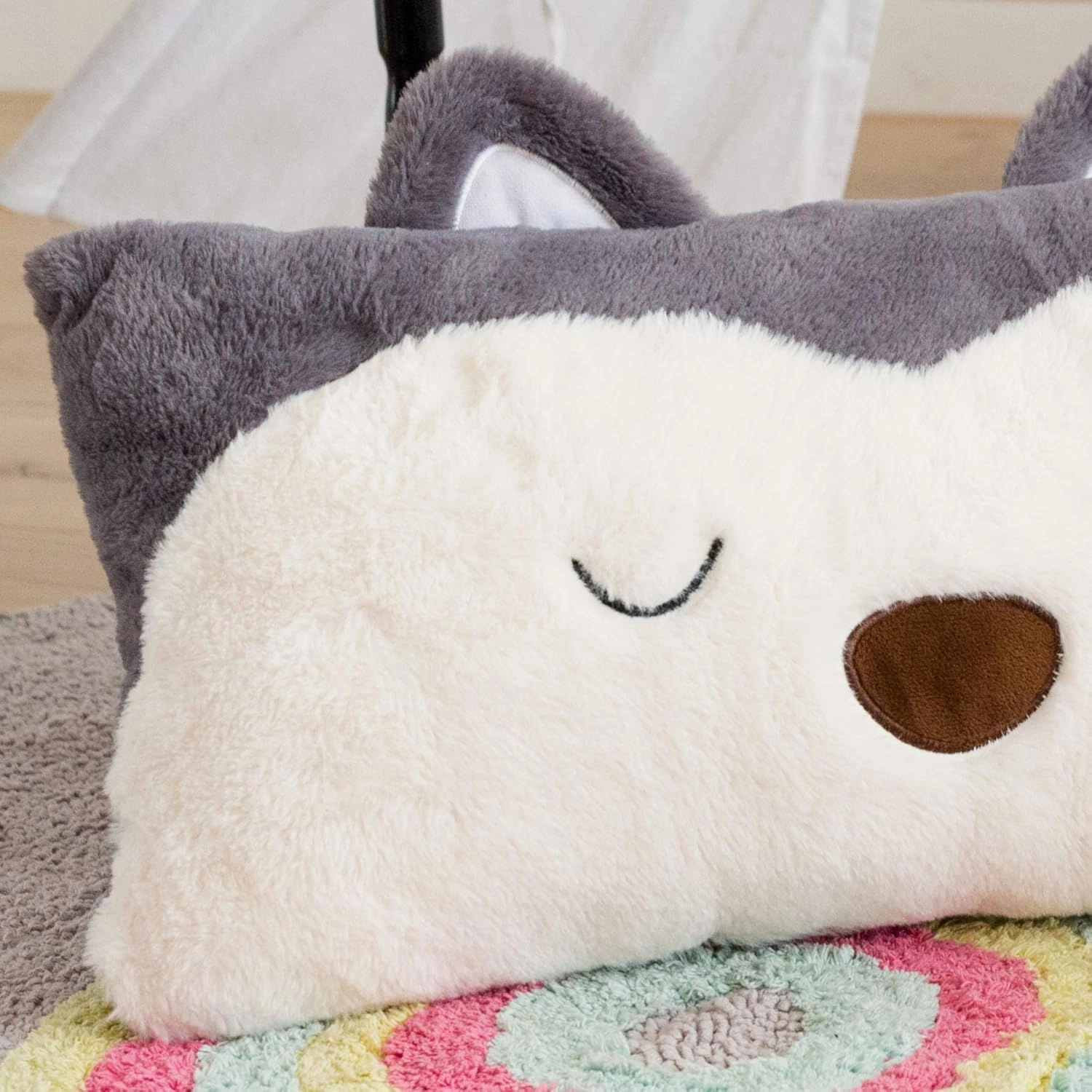 Stuffed Animal Lumbar Pillow, Super Soft Plush Cuddle Throw Pillow for Kids, Cute Fox Shaped Pillow, 12 x 24 Inches, Grey, Ivory