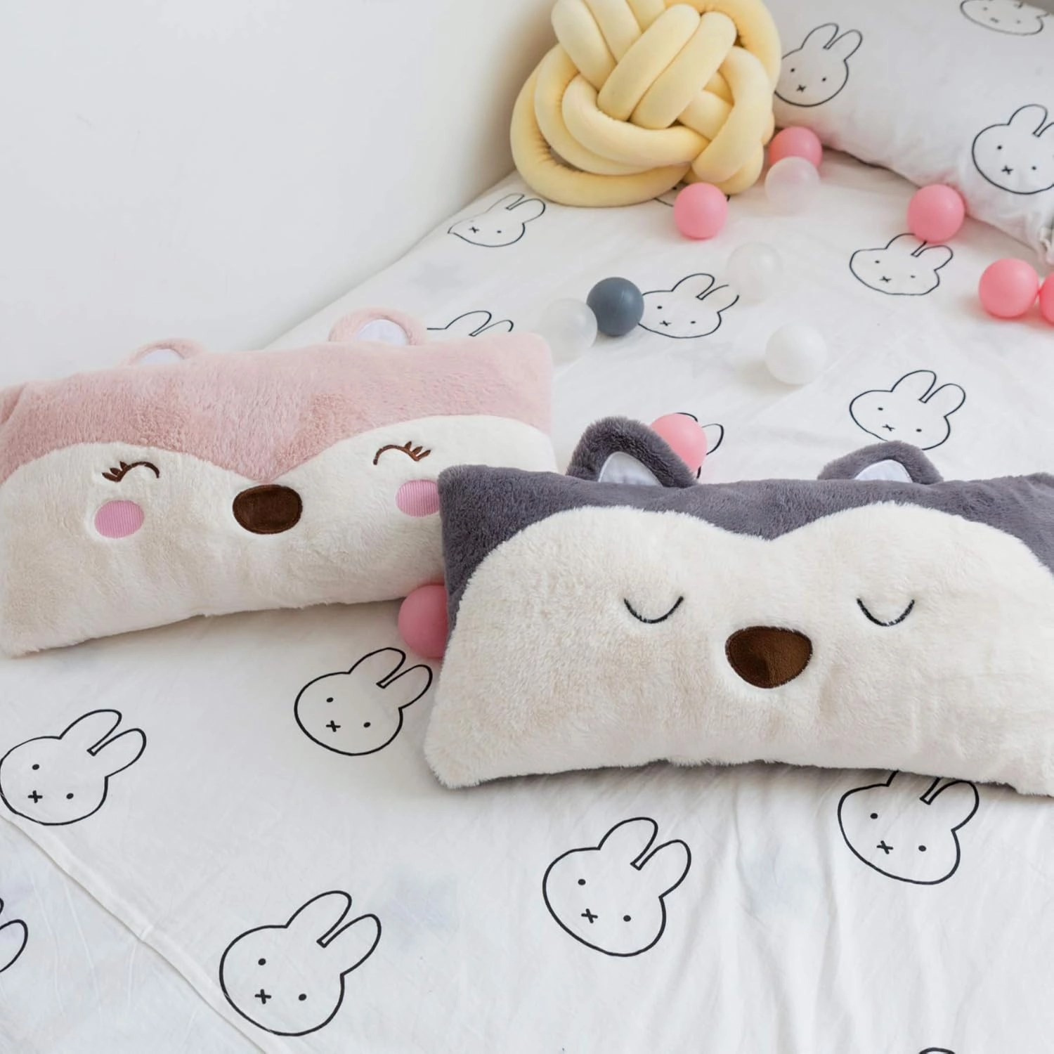 Stuffed Animal Lumbar Pillow, Super Soft Plush Cuddle Throw Pillow for Kids, Cute Fox Shaped Pillow, 12 x 24 Inches, Grey, Ivory
