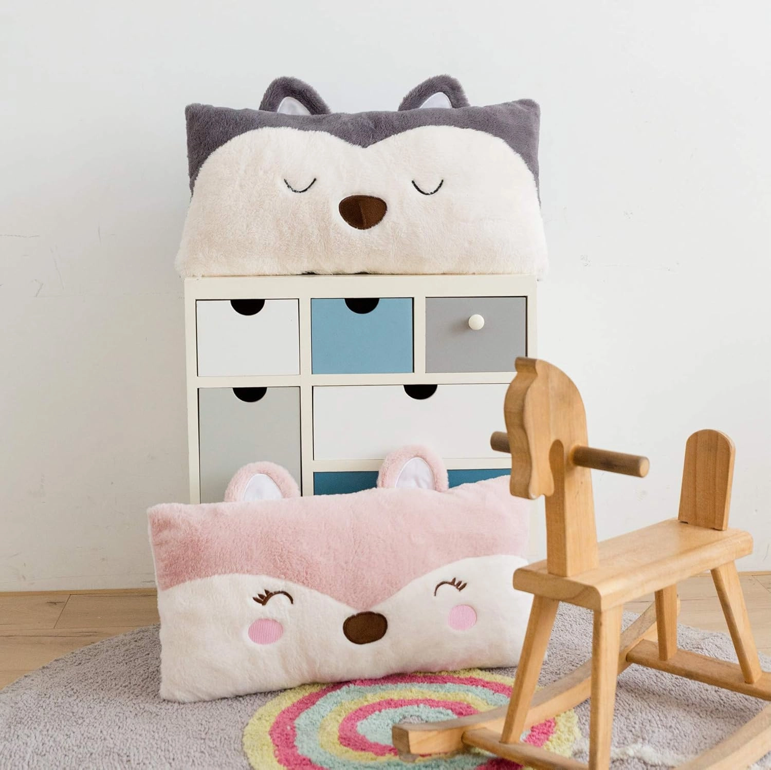 Stuffed Animal Lumbar Pillow, Super Soft Plush Cuddle Throw Pillow for Kids, Cute Fox Shaped Pillow, 12 x 24 Inches, Grey, Ivory