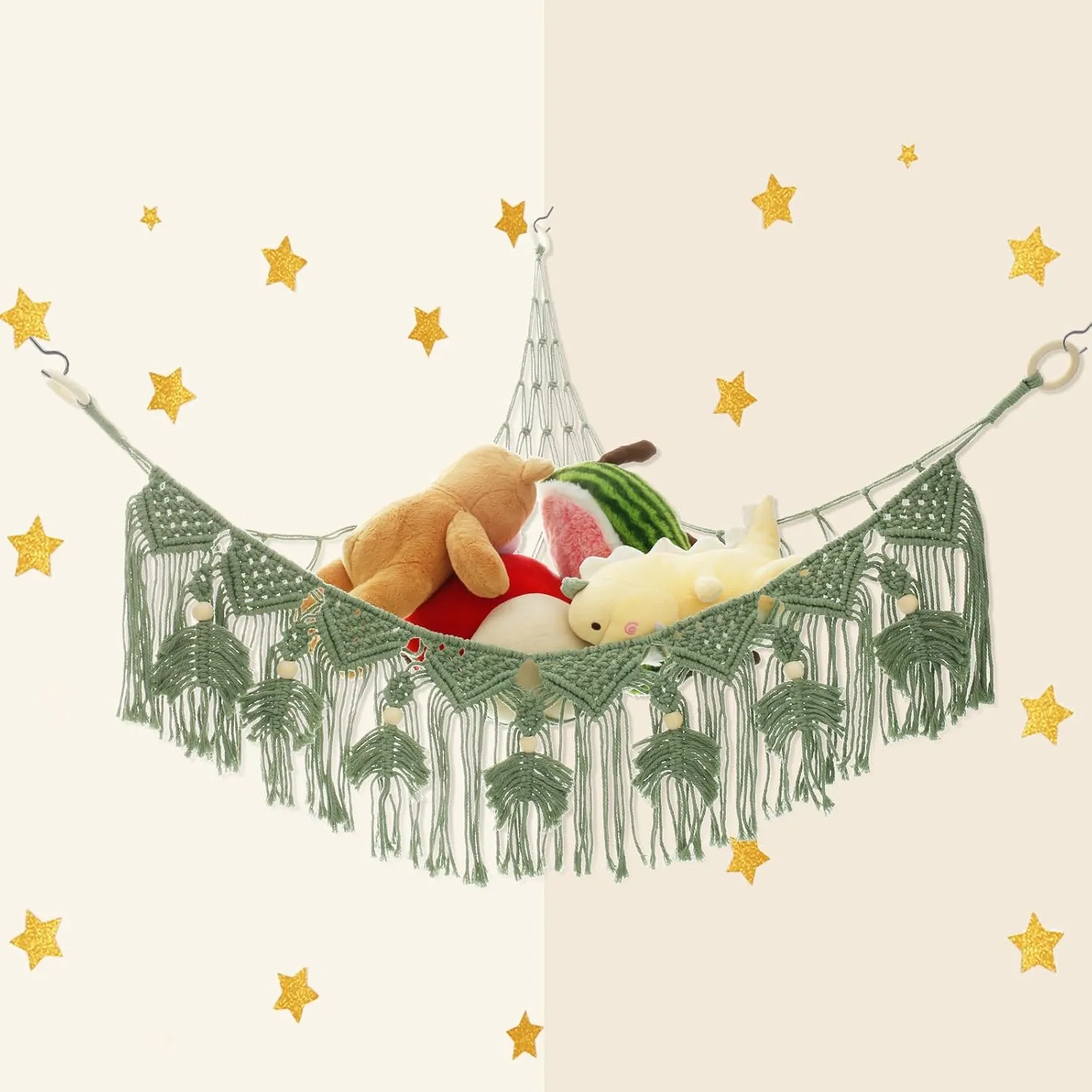 Stuffy Hammock Cotton Rope Stuffed Animal Hammock Large Capacity Plush Net Space Saving Corner Hanging Stuff Toy Organizer for Bedroom Living Room (Green)