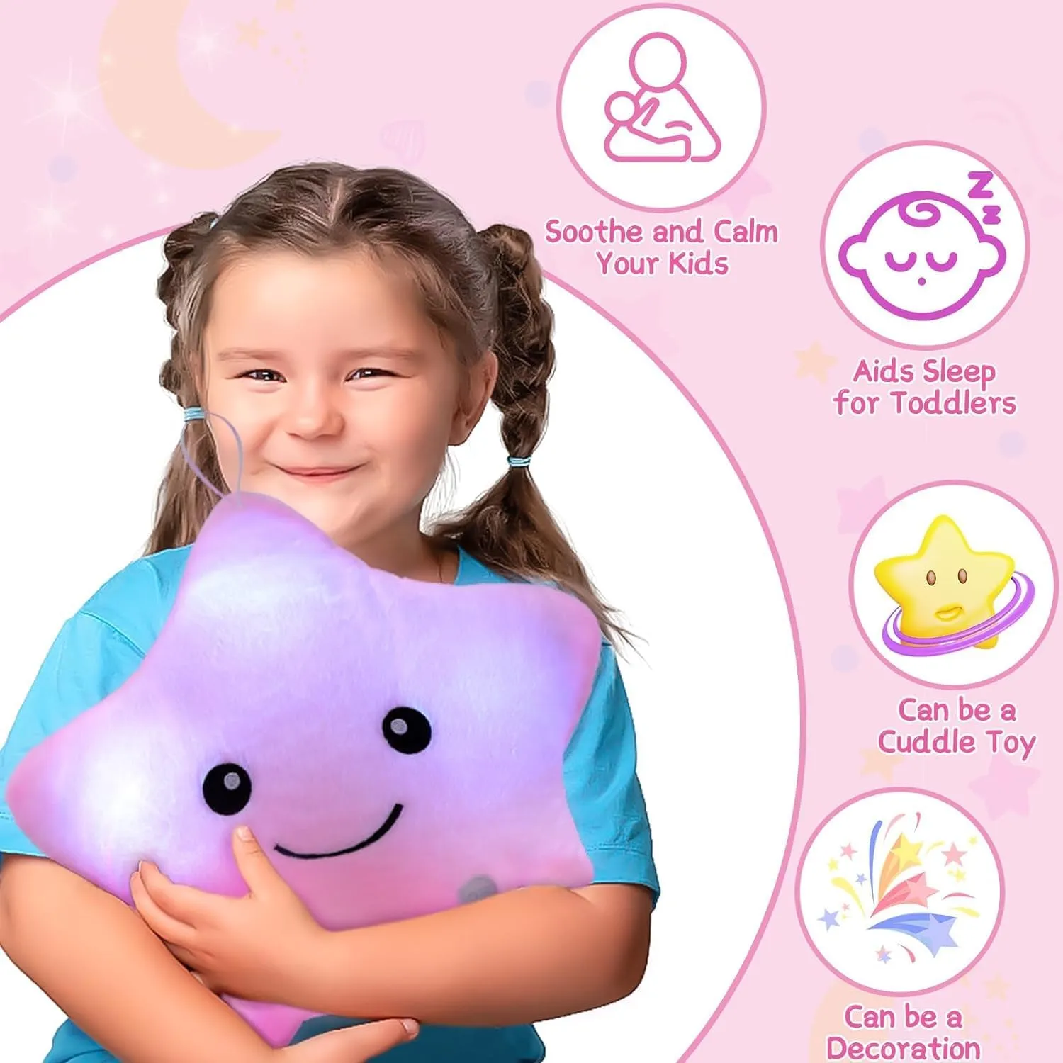 Subao Sensory Toys for Kids with Autism, 14" Light Up Star Plush Toddler Pillow, Autism Sensory Products, Stress Relief Kids ADHD Toys, Birthday Xmas Gifts for Boys Girls 3-10 Pink