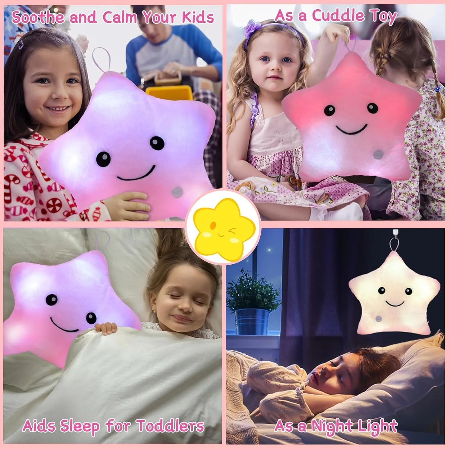 Subao Sensory Toys for Kids with Autism, 14" Light Up Star Plush Toddler Pillow, Autism Sensory Products, Stress Relief Kids ADHD Toys, Birthday Xmas Gifts for Boys Girls 3-10 Pink