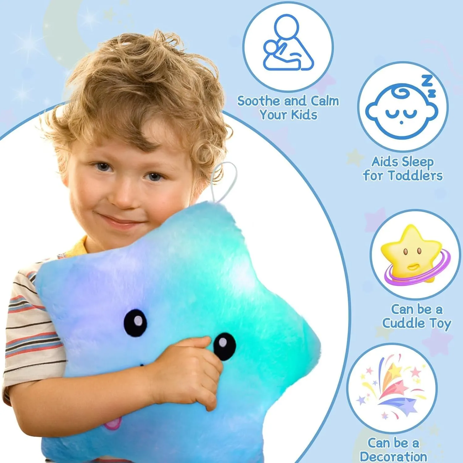 Subao Sensory Toys for Kids with Autism, 14" Twinkle Star Plush Toddler Pillow Light Up Toy, Autism Sensory Products, Toddler Travel Soft Toys, Birthday Xmas Easter Gifts for Boys Age 3-9 Blue