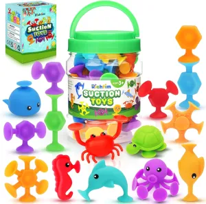 Suction Bath Toys for Kids - 24 Silicone Ocean Animals Suction Toys with Storage, Sensory Window Toys for Toddlers, Suitable for Indoor, Outdoor, and Travel Toys, Autism Toy, and Party Favors