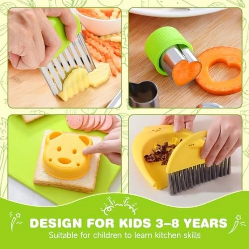 Suhctuptx Kids Knife Set For Real Cooking, Kids Kitchen Knives with Cutting Board Crinkle Cutters Food Conversion Chart & Cleaning Tools, Christmas Birthday Gifts Toddler Toys for Girls Boy Age 2-10