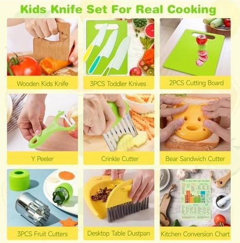 Suhctuptx Kids Knife Set For Real Cooking, Kids Kitchen Knives with Cutting Board Crinkle Cutters Food Conversion Chart & Cleaning Tools, Christmas Birthday Gifts Toddler Toys for Girls Boy Age 2-10